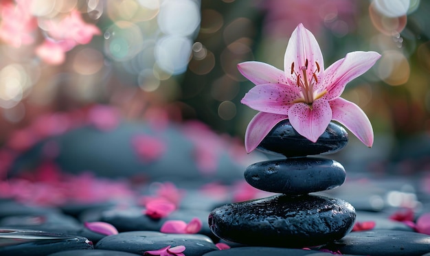 a flower is on a rock with pink petals and the word pebble on itSpa still life with zen stones an