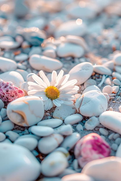 a flower is surrounded by small rocks and pebbles