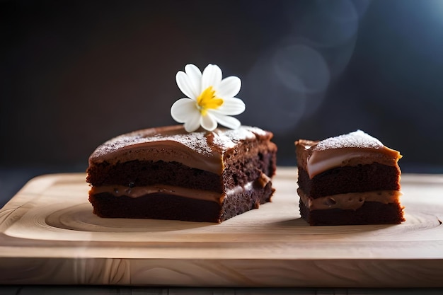 A flower is on the table next to the cake