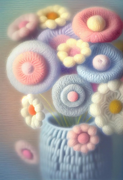 Flower knitting handmade colorful pastel in vase on light background AI Generated