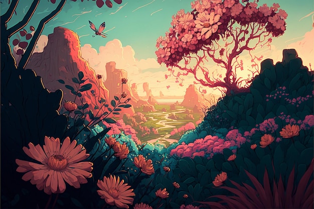 Flower landscape background in anime style creative digital painting