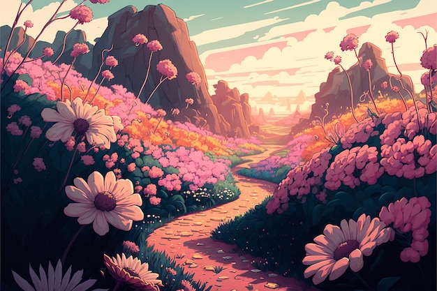 Flower landscape background in anime style creative digital painting