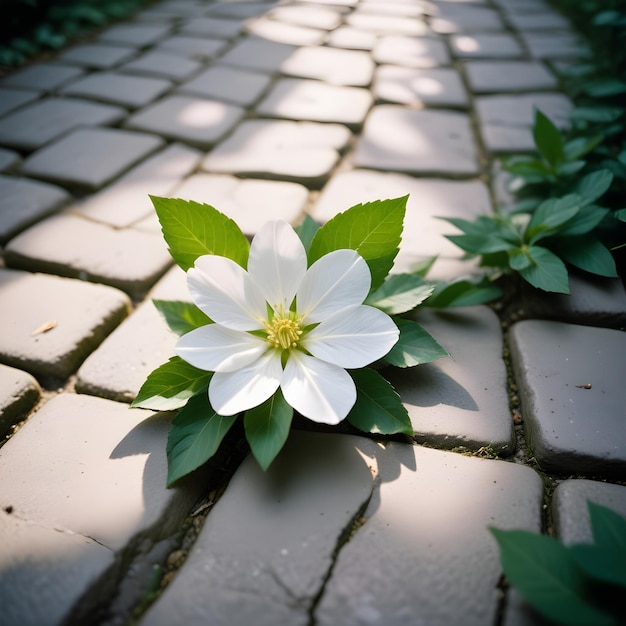 a flower laying on the ground in front of a brick walkway