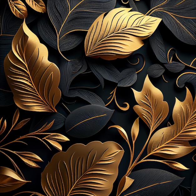 Flower and leaf black and gold illustration background