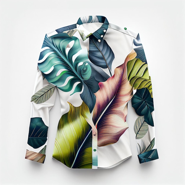 Flower and leaf print on white shirt on isolated background Created with Generative AI technology