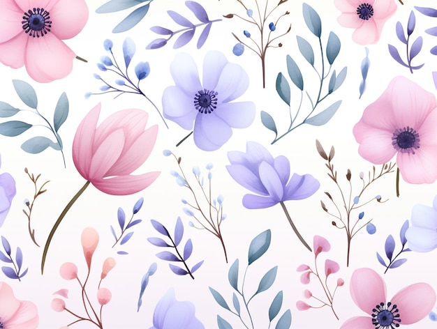 Flower and leaves watercolor seamless pattern vector on white background