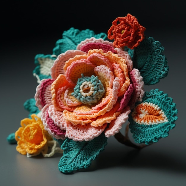 A flower made by a crochet flower is displayed.