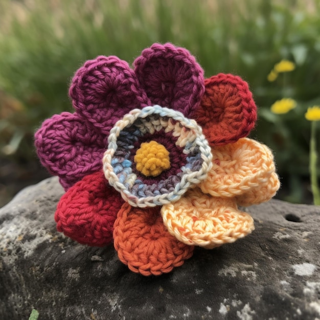 A flower made by a friend is displayed on a rock.