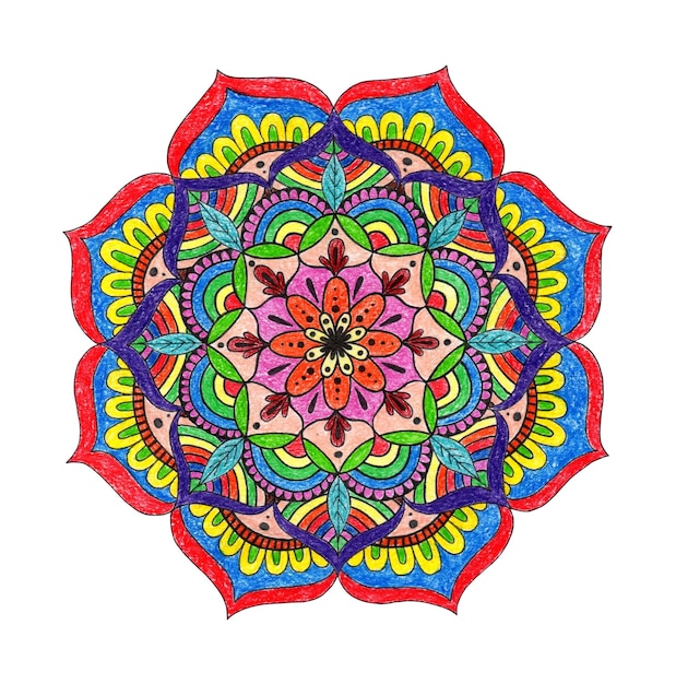 Flower mandala painted with colored pencils isolated on a white background Ethnic mandala