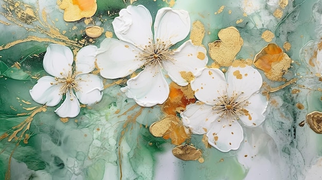 Flower marble texture with abstract green white glitter and gold background Generative AI