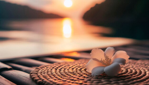 Photo a flower on a mat with a candle in the background