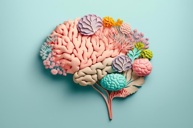 Flower model of human brain anatomy on pastel background Generative AI illustration