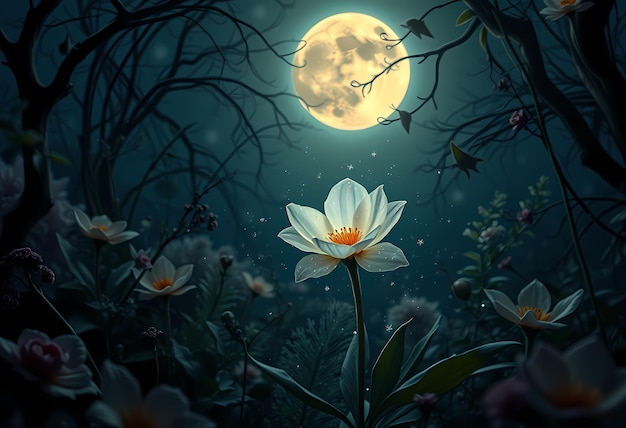 a flower in the night sky with the moon in the background