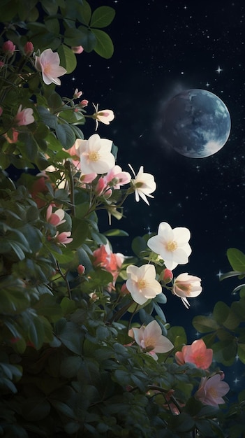 A flower in the night sky with the moon in the background.