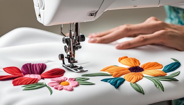 a flower pattern on a table with a womans hands on the sewing machine