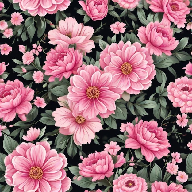 a flower pattern with pink flowers and green leaves