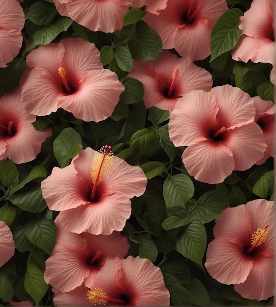 flower Pink hibiscus flowers on the background of plant leaves