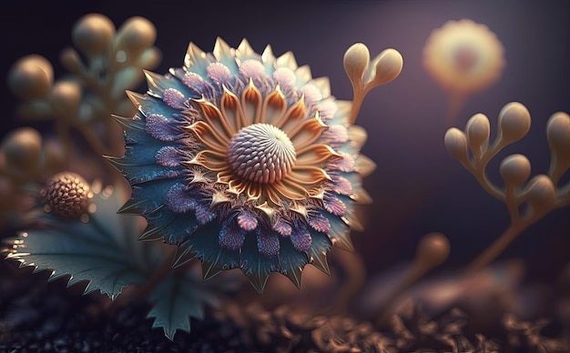 Flower on a plant, close-up 3D detailed painting