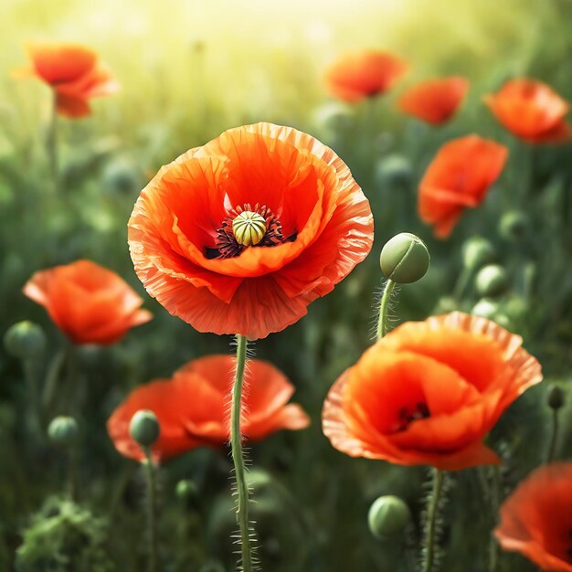 Flower poppy flowering on background blur poppies flowers Ai Generated