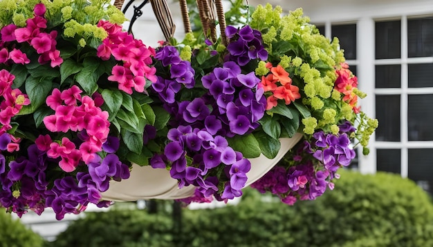 a flower pot with purple and red flowers hanging from a white pot