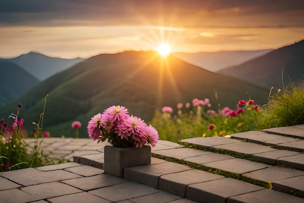 A flower pot with a sunset in the background