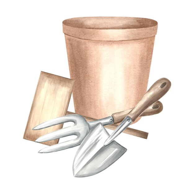 Flower pot with trowel rake and sign gardening tools and supplies hand drawn watercolor illustration