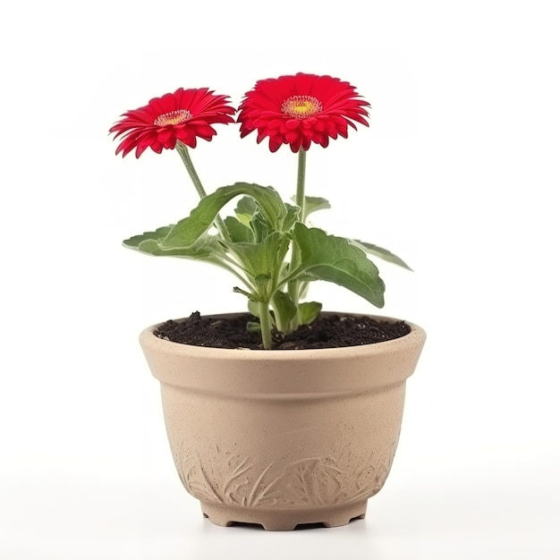 A flower pot with two red flowers in it