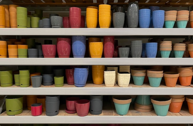 Flower pots on the market shelf