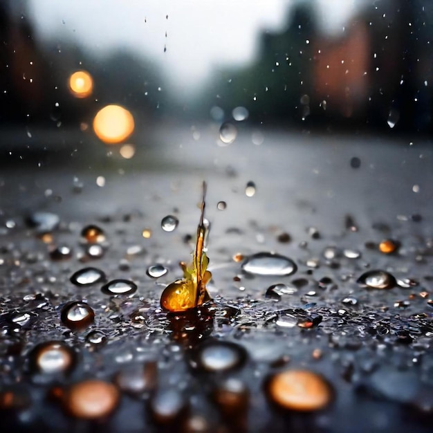 a flower in the rain is on the street and the water droplets are on the ground