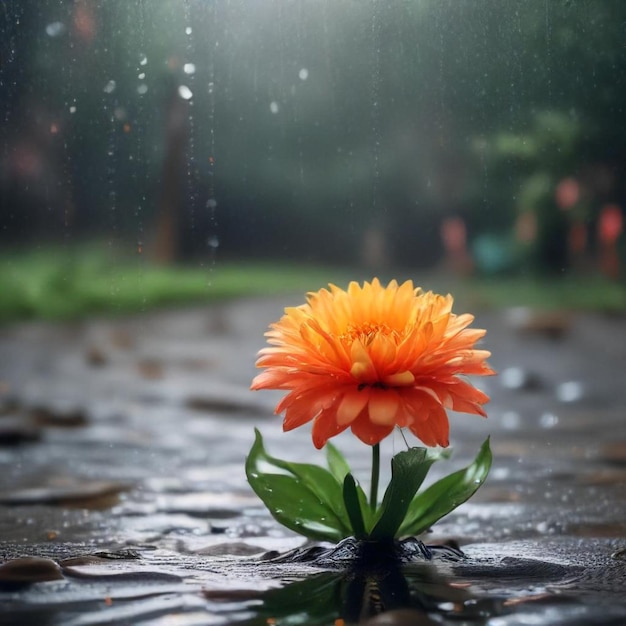 a flower in the rain with rain drops on the ground