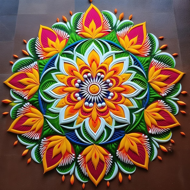 Flower rangoli for Diwali or Pongal made using marigold or zendu flowers Ai Generated