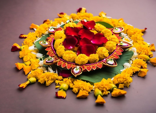 Flower rangoli for Diwali or pongal made using marigold or zendu flowers and red rose petals over white background with diwali diya in the middle selective focus