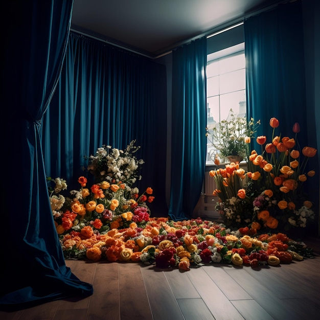 Flower shop interior with a bouquet of flowers and a blue curtain