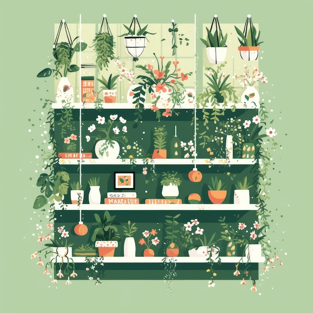 Flower shop shelves with houseplants Vector illustration in flat style