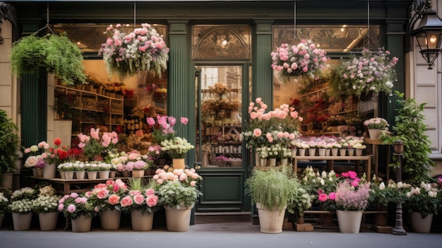 A flower shop with a green door and a window with flowers on the front.