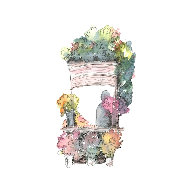 Flower shop with a silhouette of the seller Watercolor illustration in sketch style with graphic elements from a large set of PARIS For decoration design and composition