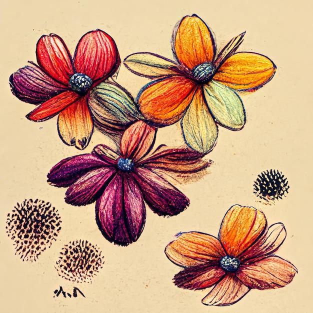 Flower sketch drawing illustration with blossoms digital painting floral design vintage retro decor