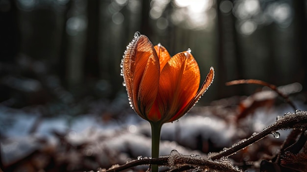 A flower in the snow with the sun shining on it