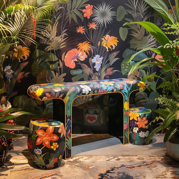 Photo flower stand and bench in midnight jungle 60s design