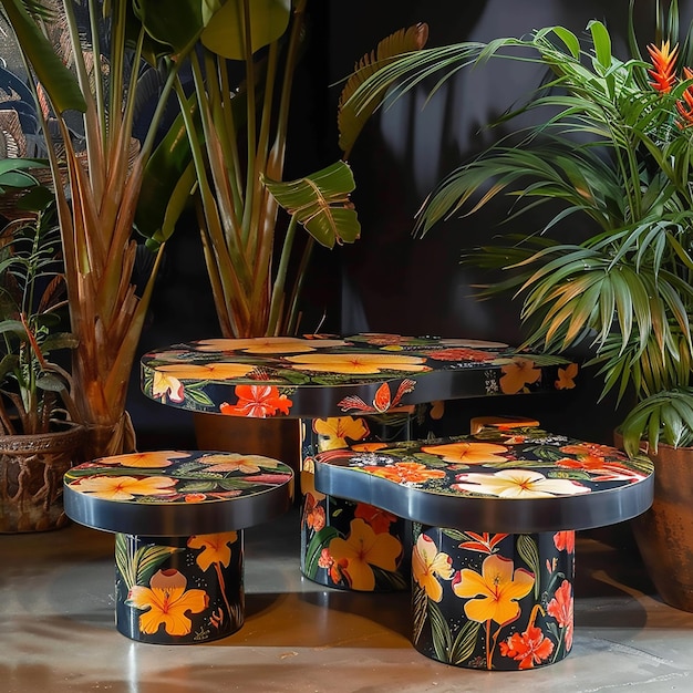 Photo flower stand and bench in midnight jungle 60s design