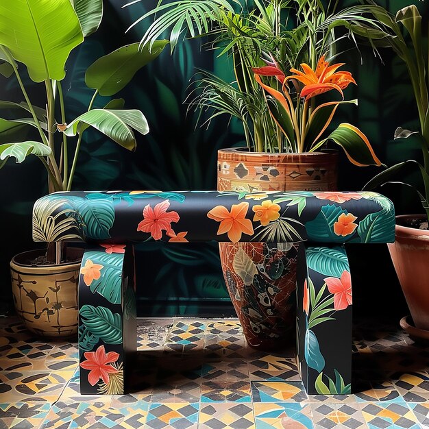 Photo flower stand and bench in midnight jungle 60s design