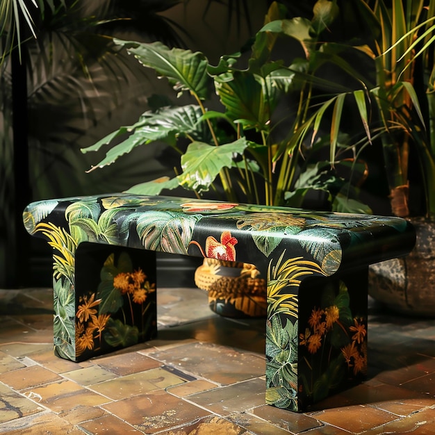 Photo flower stand and bench in midnight jungle 60s design