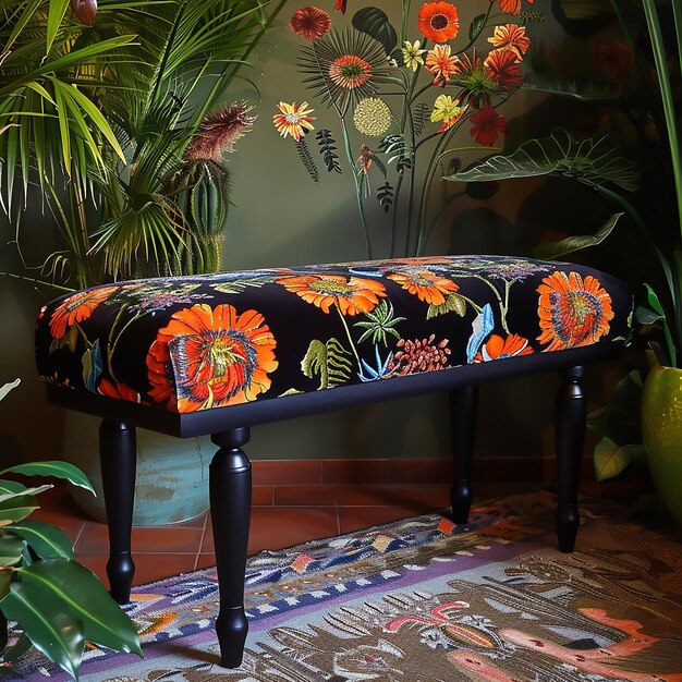 Photo flower stand and bench in midnight jungle 60s design