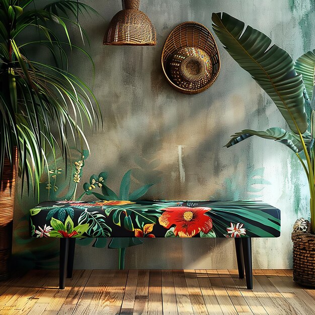 Photo flower stand and bench in midnight jungle 60s design