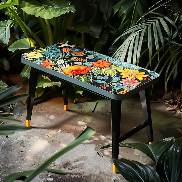 Photo flower stand and bench in midnight jungle 60s design