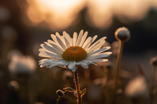 A flower in the sunset with the sun setting behind it