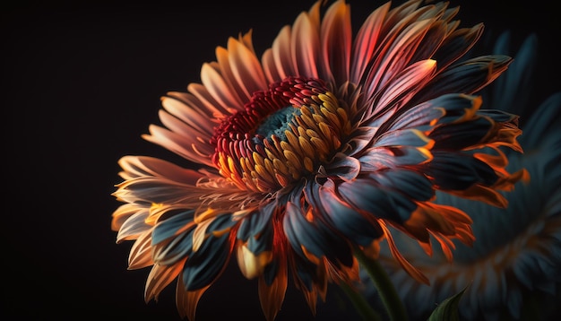 A flower that is colored with blue, red, and orange