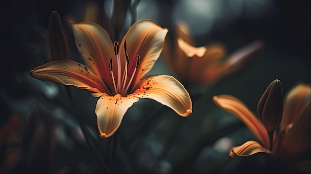 A flower that is orange with a black background