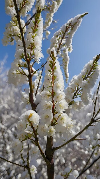 A flower tree with snow on it and the sky behind it