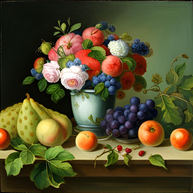 flower vase and fruits on a table